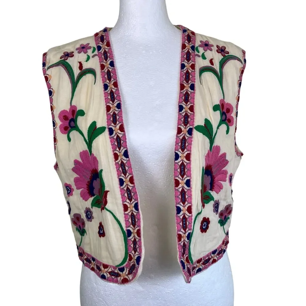 Zara Sz M Floral Embroidered Open Front Vest Cream Multicolor Folk Style - Picture 8 of 16
